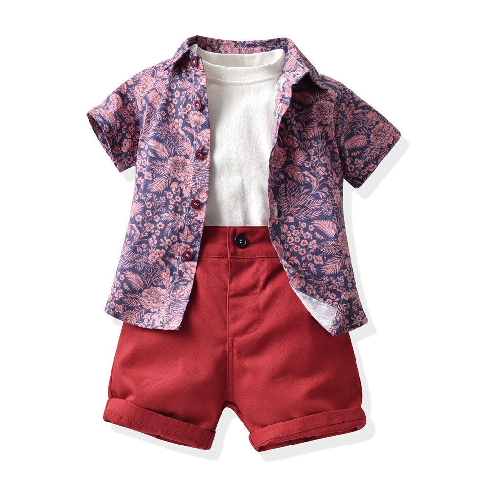 Boys' summer short-sleeve floral shirt kids' set white t-shirt shorts casual three-piece outfit - foreign trade beach style