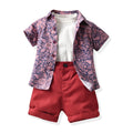 Boys' summer short-sleeve floral shirt kids' set white t-shirt shorts casual three-piece outfit - foreign trade beach style