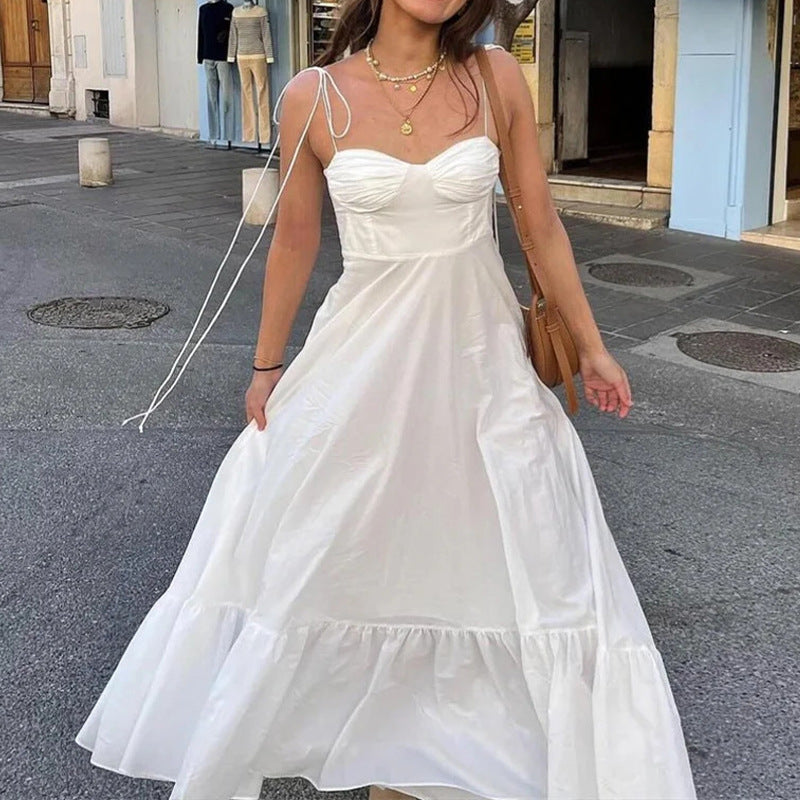 cross-border e-commerce women's fashion: european and american summer new arrivals - elegant solid color high-waisted spaghetti strap maxi dress 661