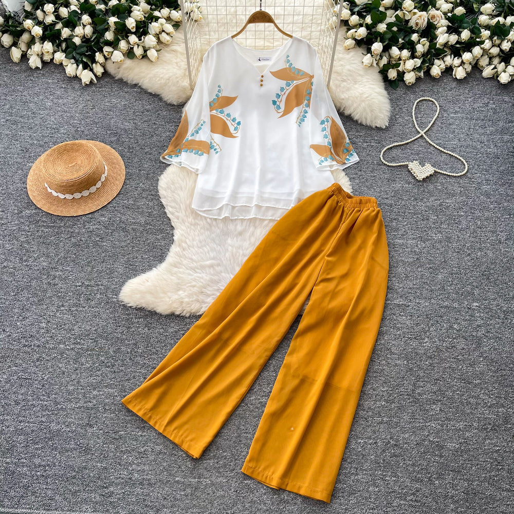 Commuting style casualprintingv necktopshigh waistloose pants women's summerslimming looktwo-piece setdrapedfashionsuit