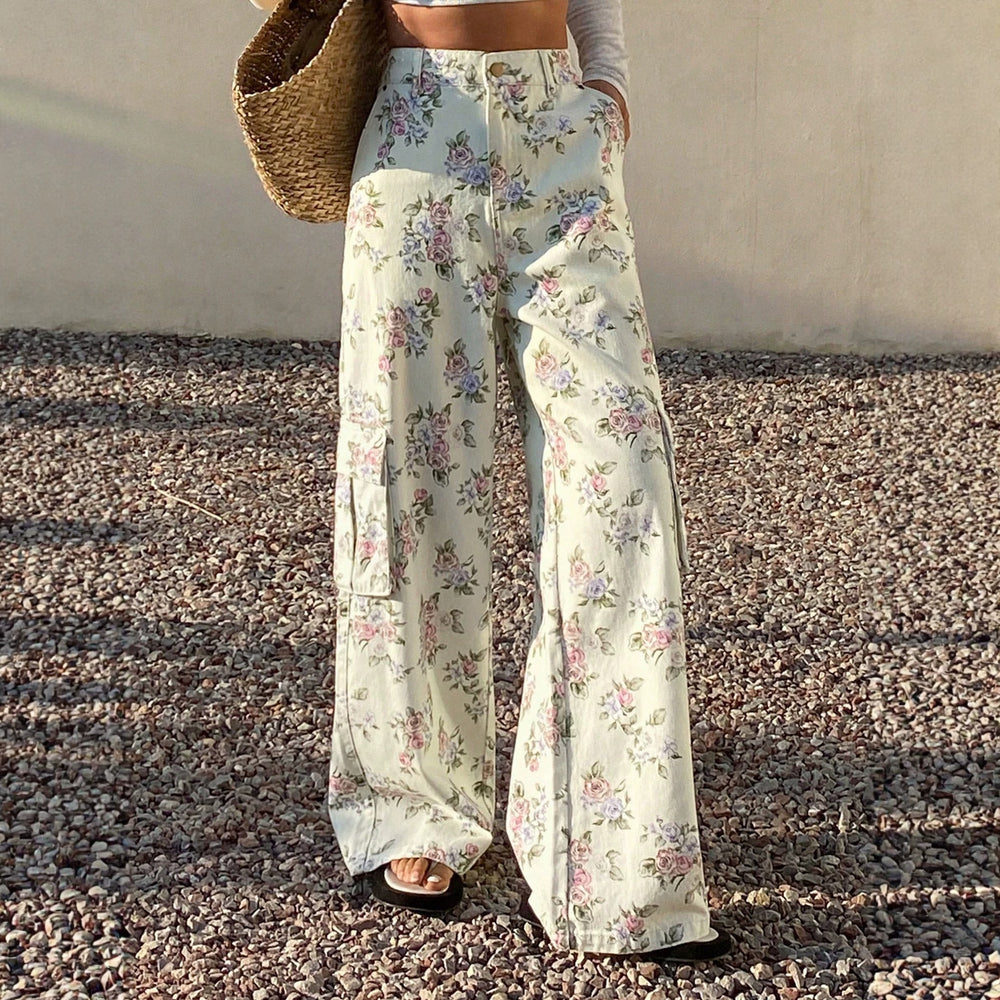 European and american style women's all-cotton floral print cargo wide-leg jeans - high-waisted, loose fit, straight leg, casual, floor-length trousers