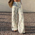 European and american style women's all-cotton floral print cargo wide-leg jeans - high-waisted, loose fit, straight leg, casual, floor-length trousers