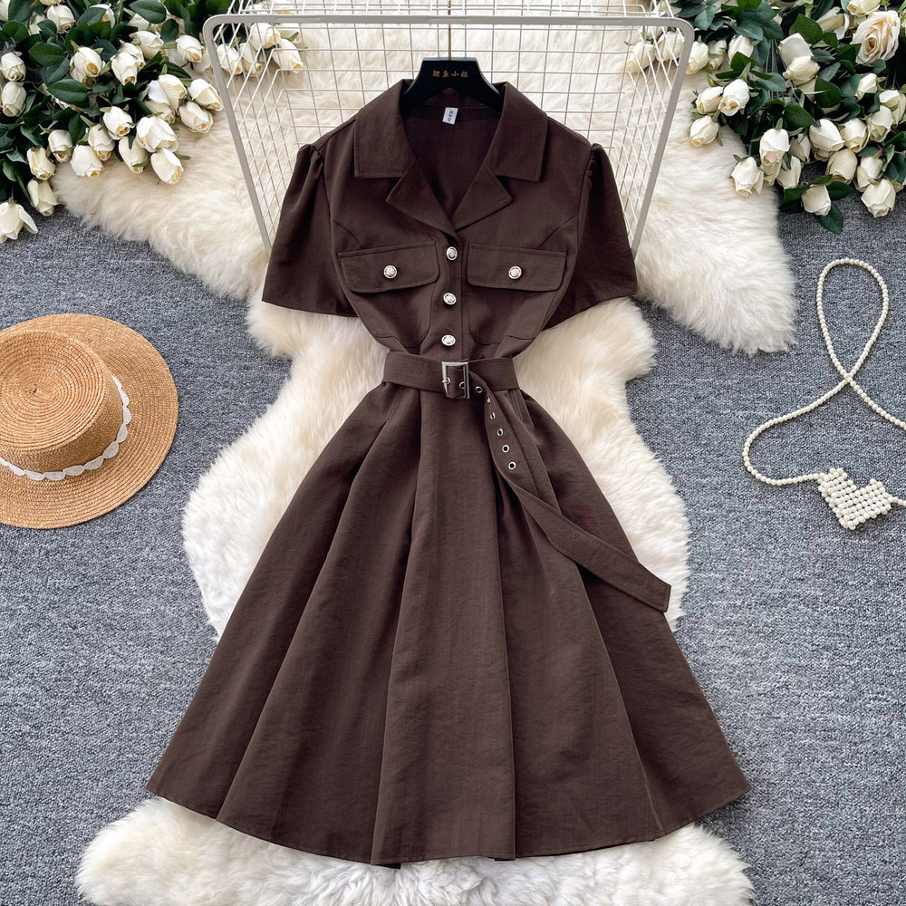 Lightly mature french style work clothingsilmdress women's summer short-sleeved lapel metal buckle waist a-line skirt elegance