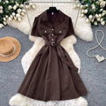 Lightly mature french style work clothingsilmdress women's summer short-sleeved lapel metal buckle waist a-line skirt elegance