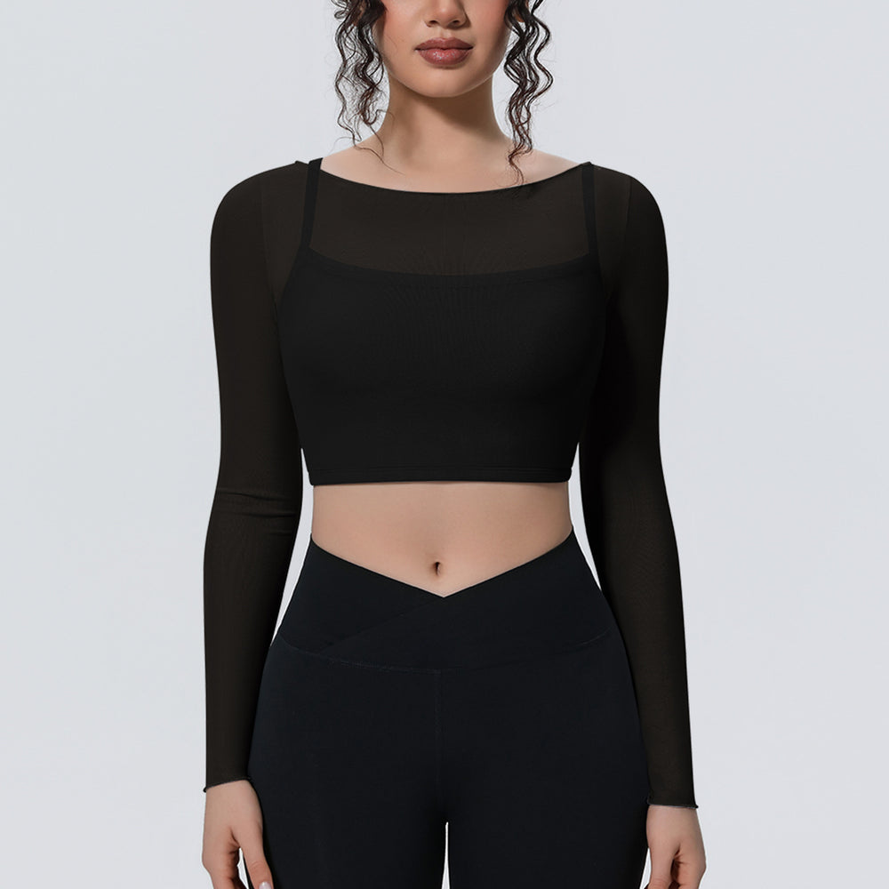 Fake two-piece mesh sports long sleeves t-shirt for women with chest pad, yoga wear tops, quick-drying slimming look outwear fitness wear