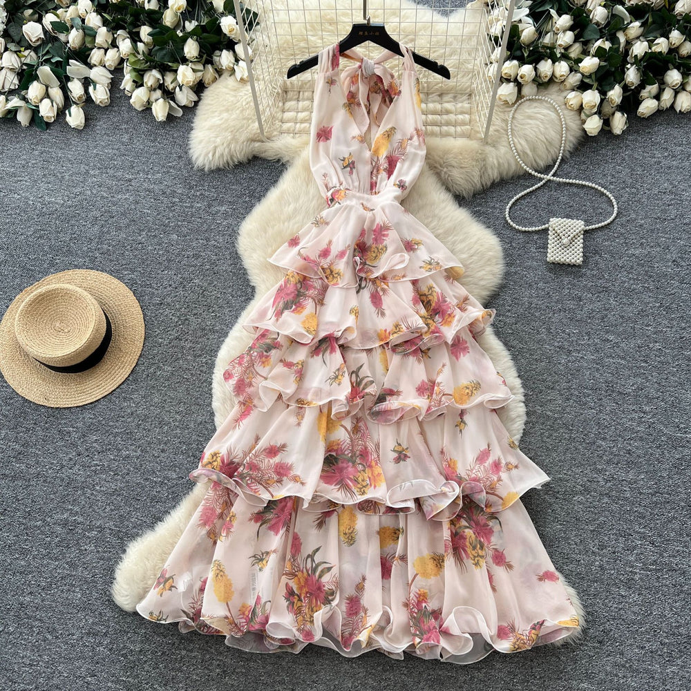 Frenchromantic style v neckhalter floral dress women's summer sleeveless backless layered ruffles cake skirt slimming look