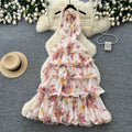 Frenchromantic style v neckhalter floral dress women's summer sleeveless backless layered ruffles cake skirt slimming look