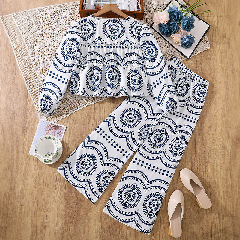 European and american girls' outfit set,  autumn new arrival, cross-border  fashion, printed v-neck long sleeve top and wide-leg pants