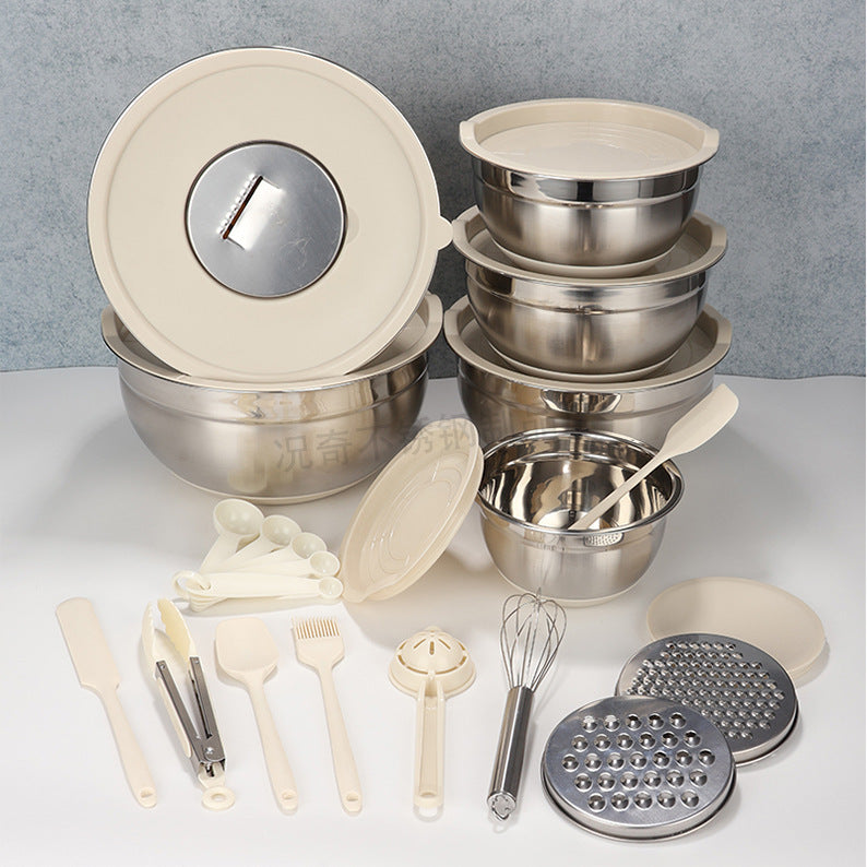 Stainless steel deep salad bowl with color-sprayed lid, round mixing bowl with non-slip silicone base for kitchen use