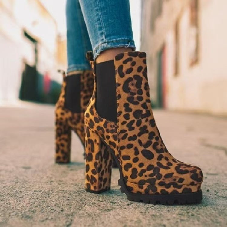 Cross-border  22 new European and American round head leopard print winter thick heel low tube waterproof table elastic sleeve Martin boots women