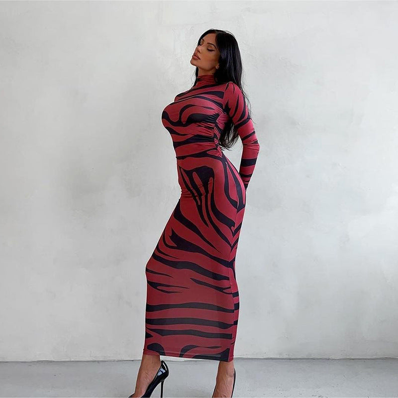 fall/winter european and american style cross-border women's fashion new animal print mock neck long sleeve bodycon mini dress