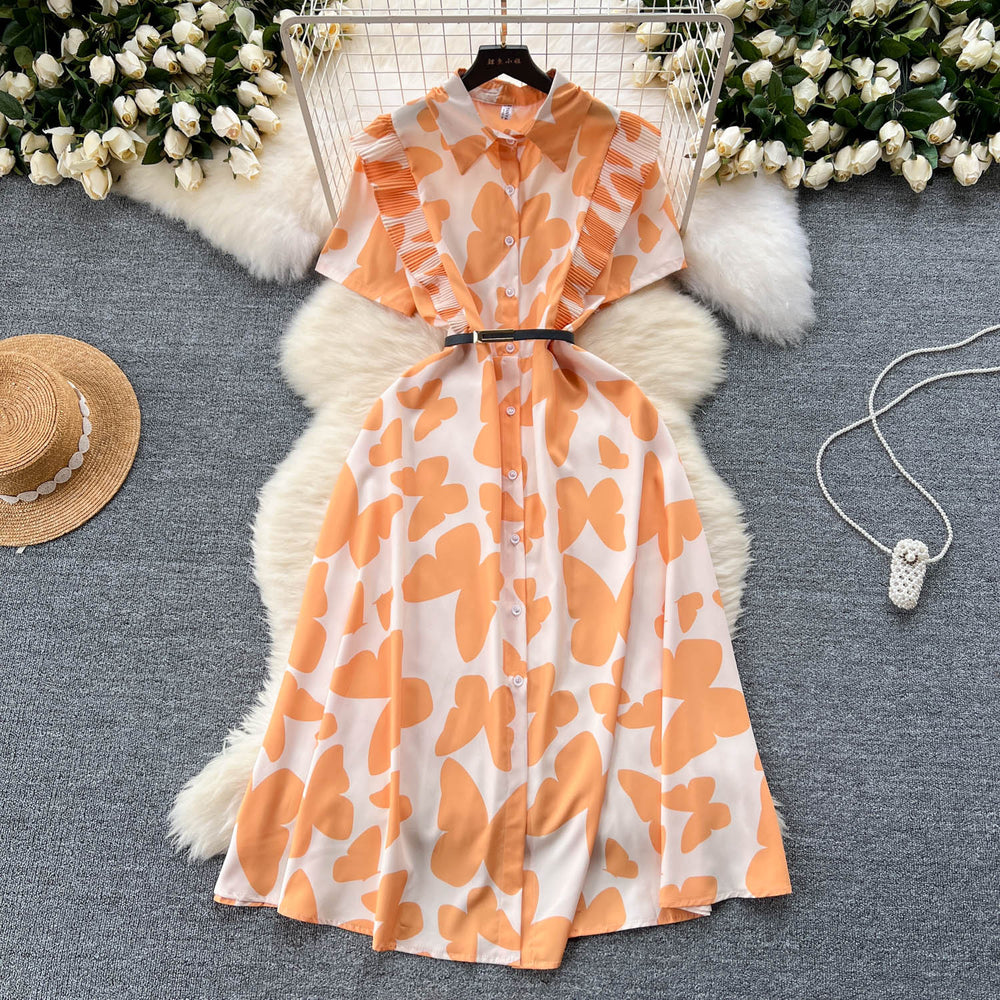 Sophisticated niche women's dress -  summer new arrival: designer ruffle-trimmed, cinched-waist, printed elegant maxi dress