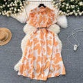 Sophisticated niche women's dress -  summer new arrival: designer ruffle-trimmed, cinched-waist, printed elegant maxi dress