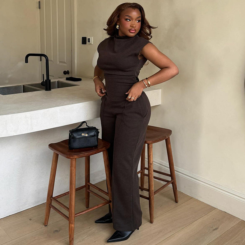 European and American  women's clothing 2025 autumn new fashion casual semi-turtleneck short-sleeved waist wide-leg pants solid color suit