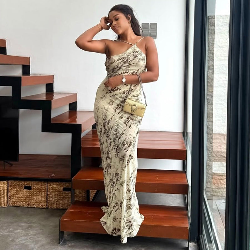 Fashion style export color matching women's clothing elegantbackless home gray and white hip-hugging skirt sleeveless silm asymmetrical dress