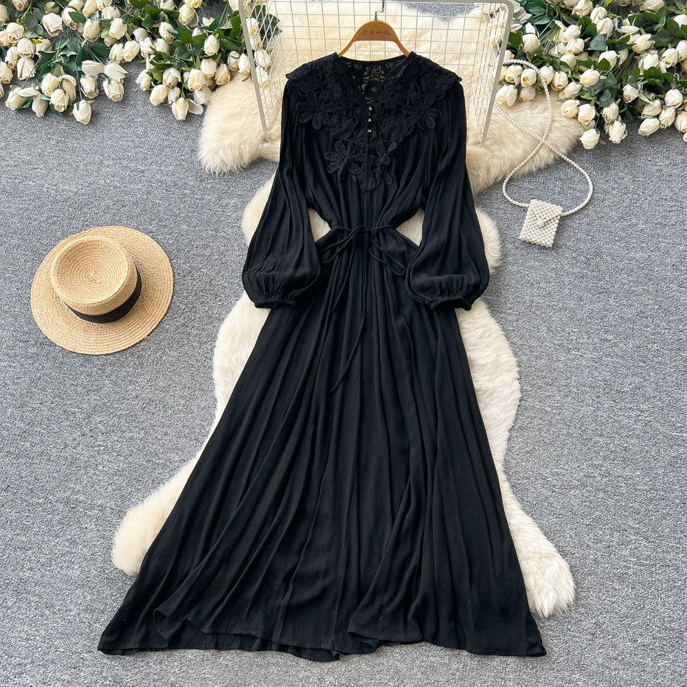Retroelegance style lantern sleeve v necklacepatchworkdress female k-style waist slimming lookelegant long skirt