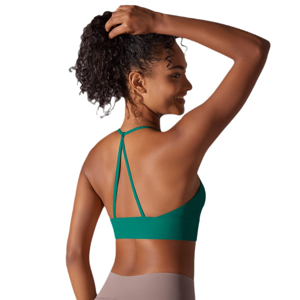 Naked sensation strappy yoga bra - triangle back, push-up, shaping sports bra - workout top for yoga and fitness