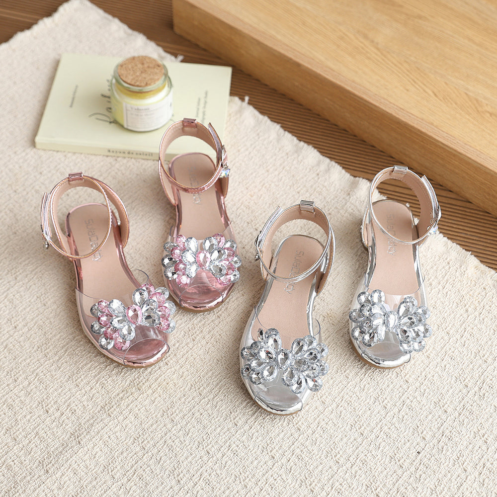 Girls' summer  princess sandals: silver crystal dress shoes for baby girls, stylish performance sandals