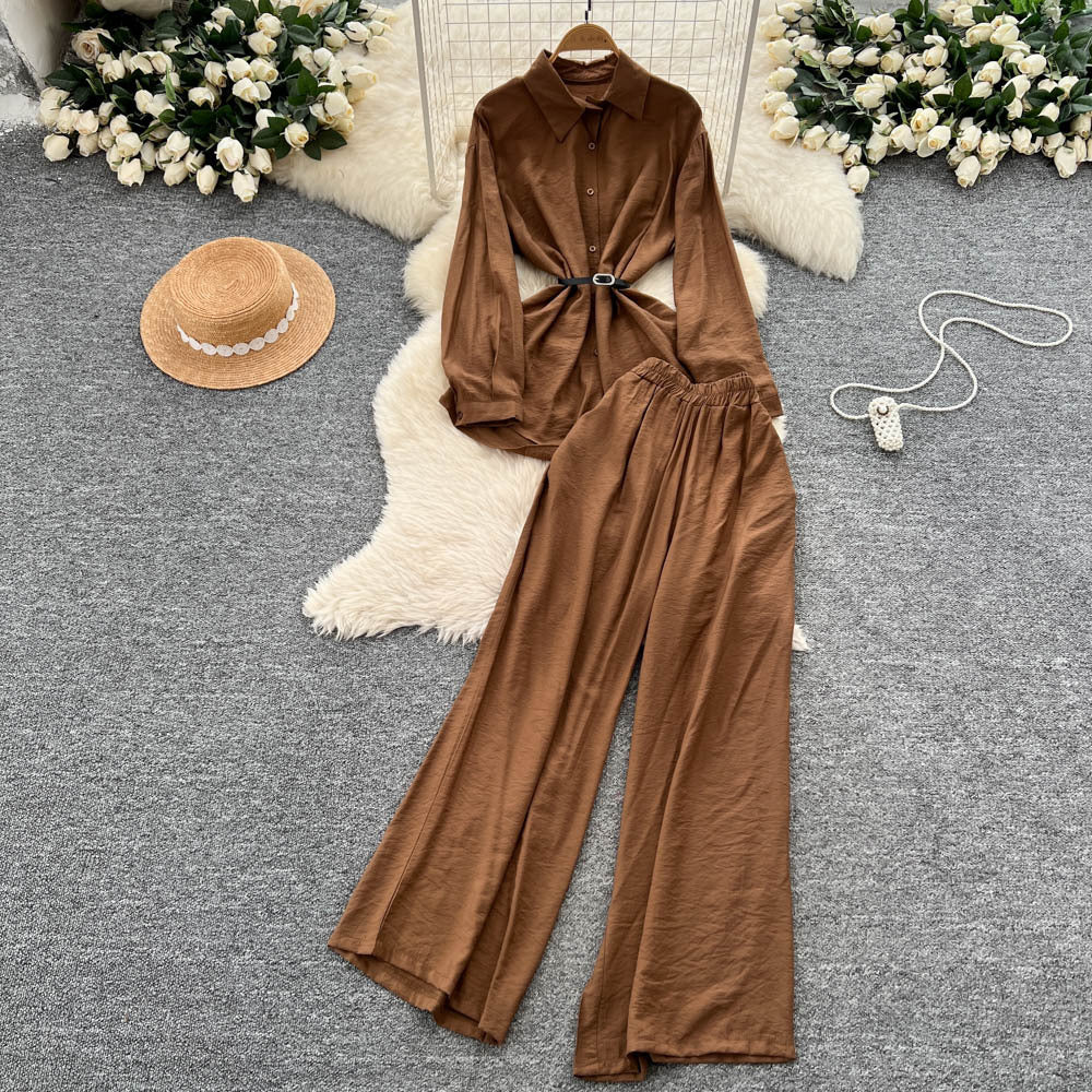 British style high-end elegant lady set: women's long-sleeved polo shirt + elastic waist wide-leg slim-fit trousers