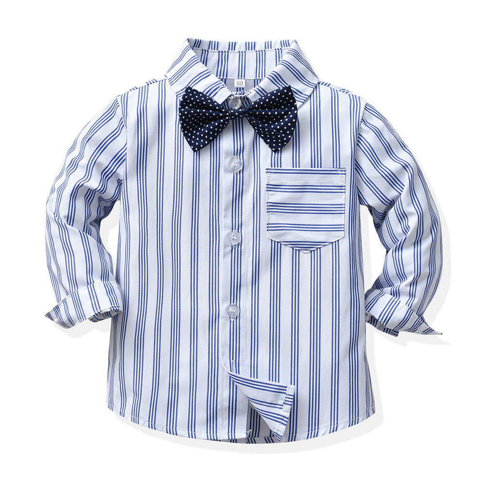 Boys' suit set: autumn long-sleeve striped shirt, overalls, bow tie - gentleman's outfit for baby's first birthday