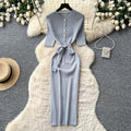 Korean style commute-ready knit dress - women's summer short sleeve single-breasted tie-waist slimming midi dress