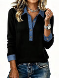 Plus size women's fake two-piece shirt denim collar patchwork waffle gridsknitting long sleeves shirt supply