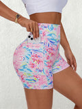 Spring new dopamine print high-waisted yoga shorts - women's tummy control, butt-lifting workout shorts for running