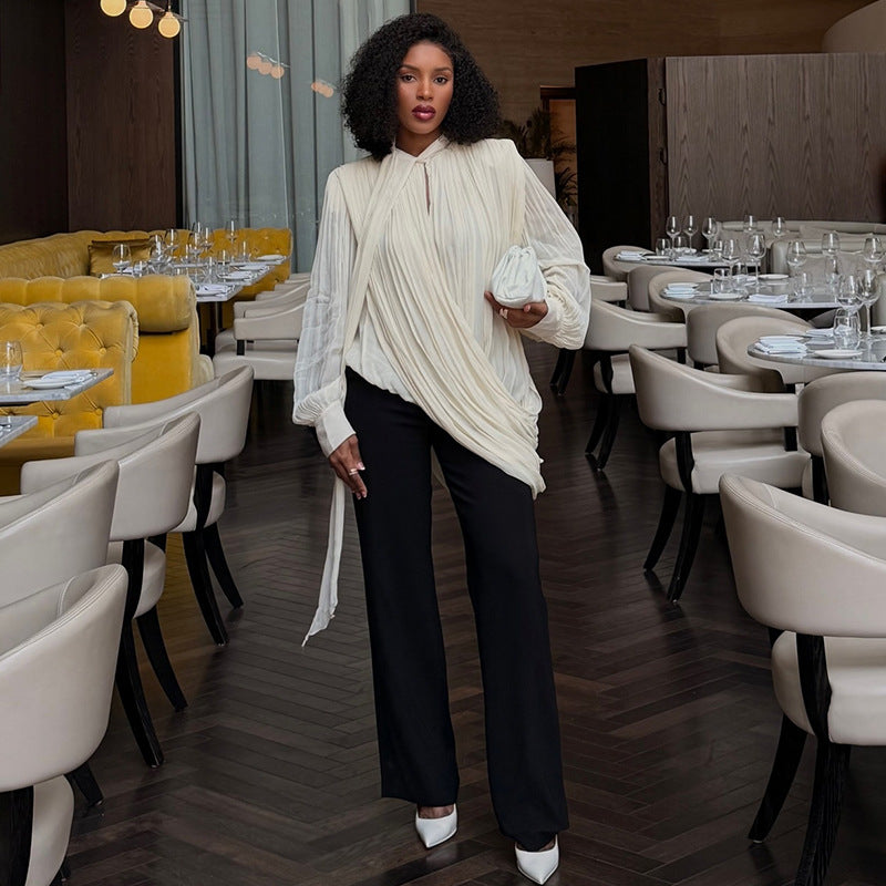 European and american cross-border women's fashion:  summer new arrivals - stylish, unique, pleated, loose-fit long sleeve shirt top