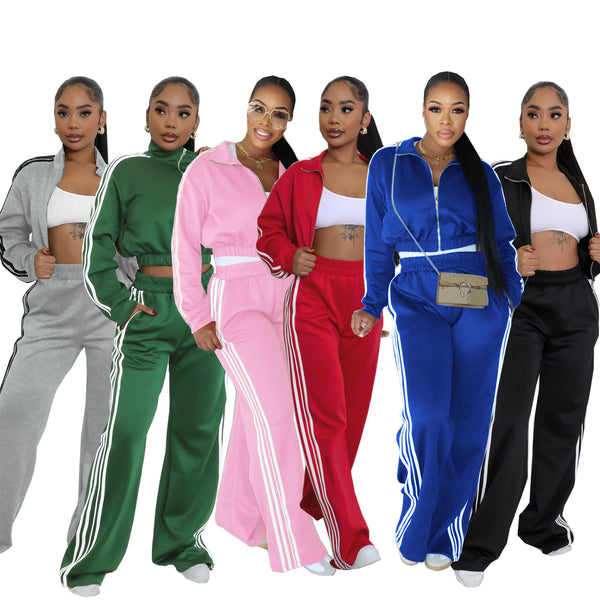 TW562 Autumn Cross-border Striped Set Zipper Thickened Sweater Casual Commuter Two-piece Set  Supply