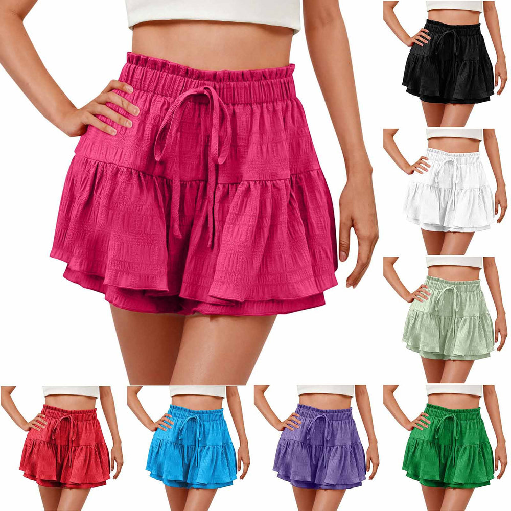 cross-border women's summer fashion ruffle solid color drawstring skort shorts