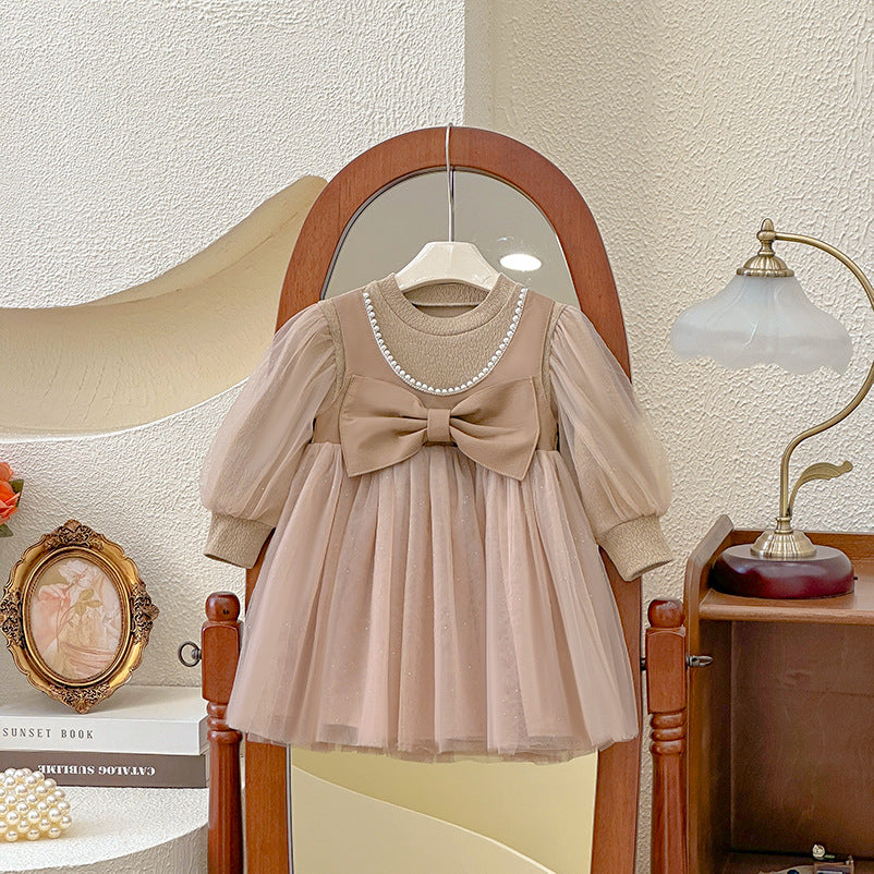 Girls' dress  spring new style chic elegant formal dress oversized bow little girl princess dress trendy
