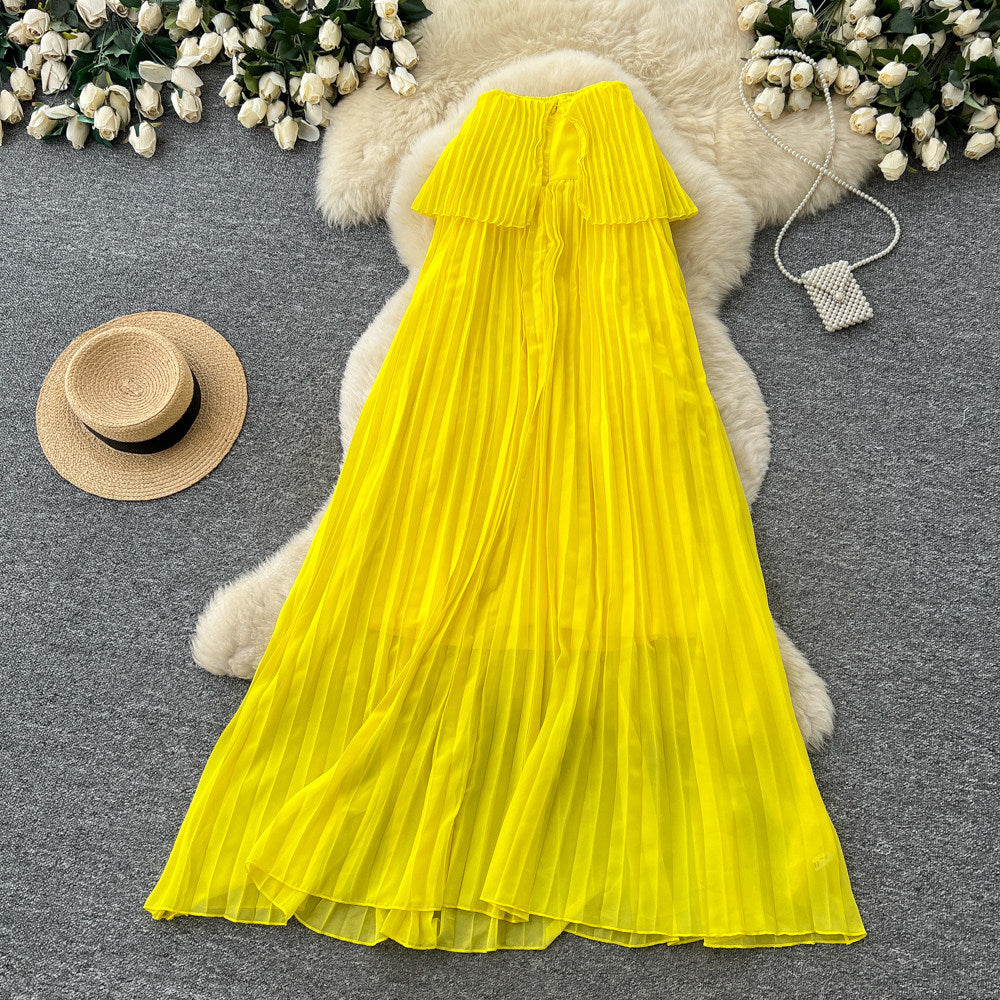 Vacation-ready yellow tube top sexy dress for women, featuring a ruffled halter neck design, a unique and stylish french-inspired long dress perfect for summer