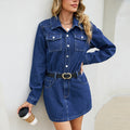 European and american cross-border e-commerce  french chic fashion long sleeve turn-down collar denim slim fit short dress for women