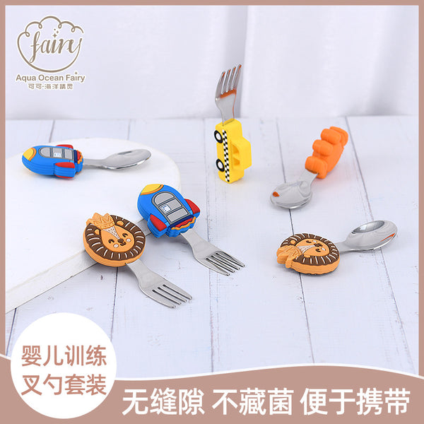 Silicone short-handled fork and spoon set, baby food supplement training stainless steel silicone tableware set, cartoon-shaped fork and spoon.