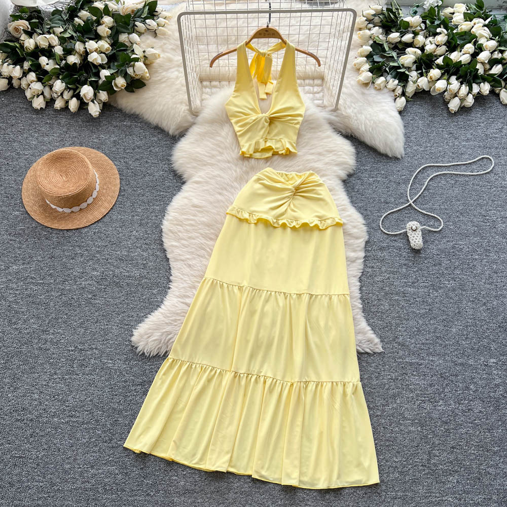 Summer outfit set: women's sexy v-neck halter twist knot waist tie back top + high-waisted flared midi skirt