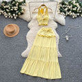 Summer outfit set: women's sexy v-neck halter twist knot waist tie back top + high-waisted flared midi skirt