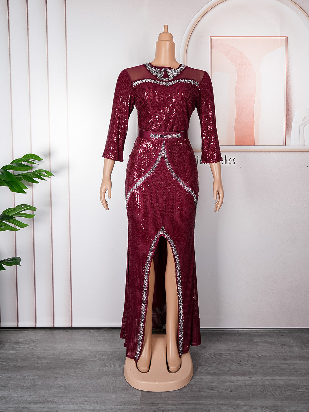 Aliexpress new year party evening dress african women's plus size cross-border fashion sequin rhinestone slit dress