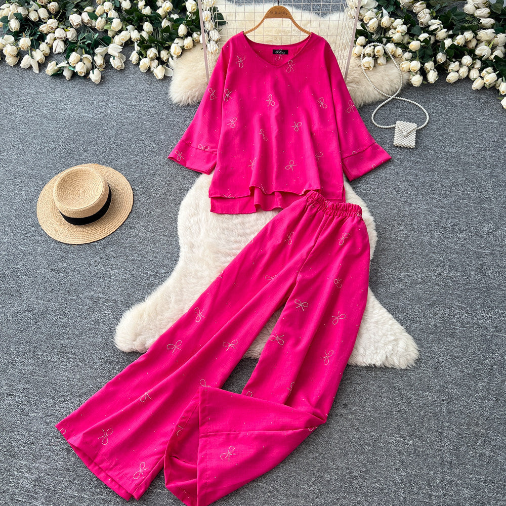 Light mature style round neck sweetbowsprintingtwo-piece set women's spring autumwork clothing style three-quarter sleeve fashionablesuit
