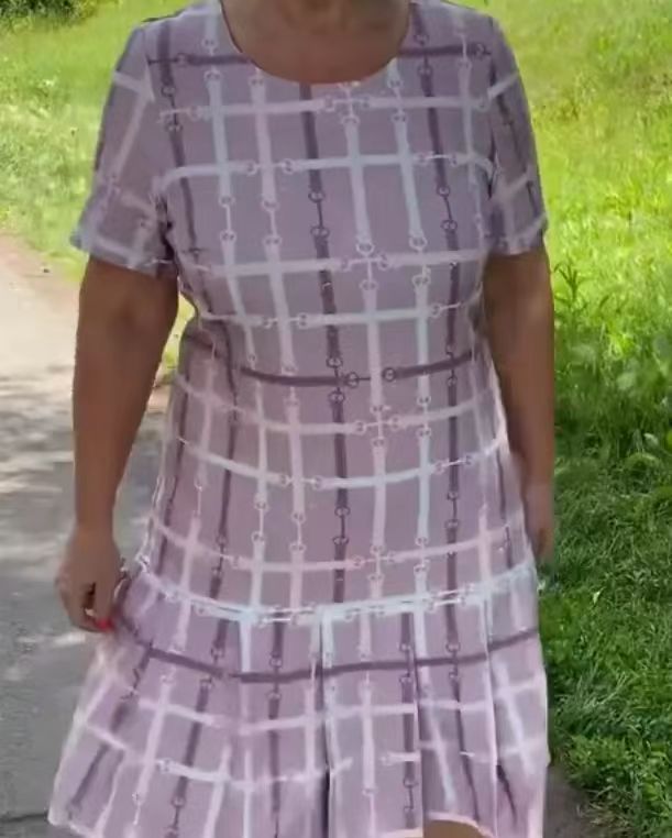european and american style women's export dress: elegant commute print, round neck, short sleeve, loose fit, slimming, mid-length a-line dress