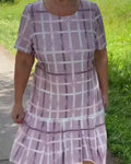 european and american style women's export dress: elegant commute print, round neck, short sleeve, loose fit, slimming, mid-length a-line dress