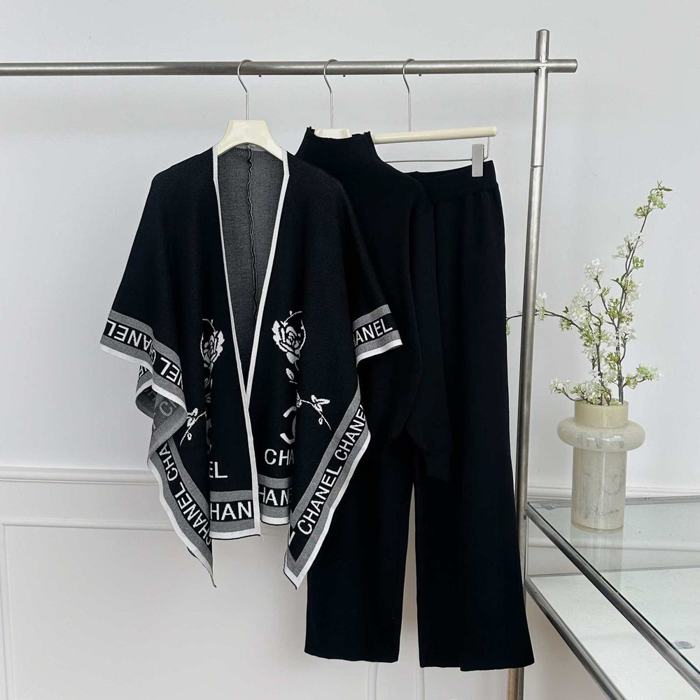 New arrival cross-border loose lazy style women's jacquard shawl turtleneck pullover knitting shirt + wide-leg pants three-piece set
