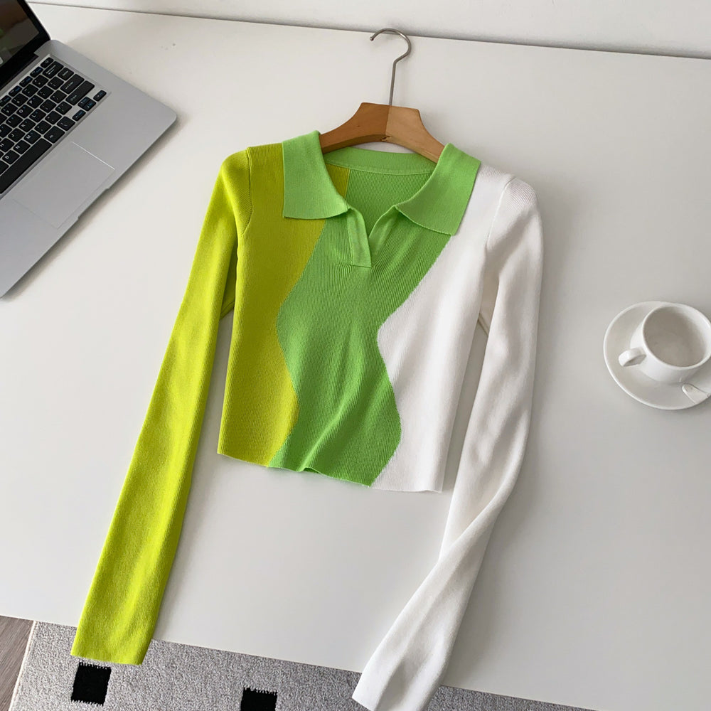 Niche stylesense of designretrofashion color matching polo collar long sleevesknitting shirt women's autumslimslimming lookshorttops