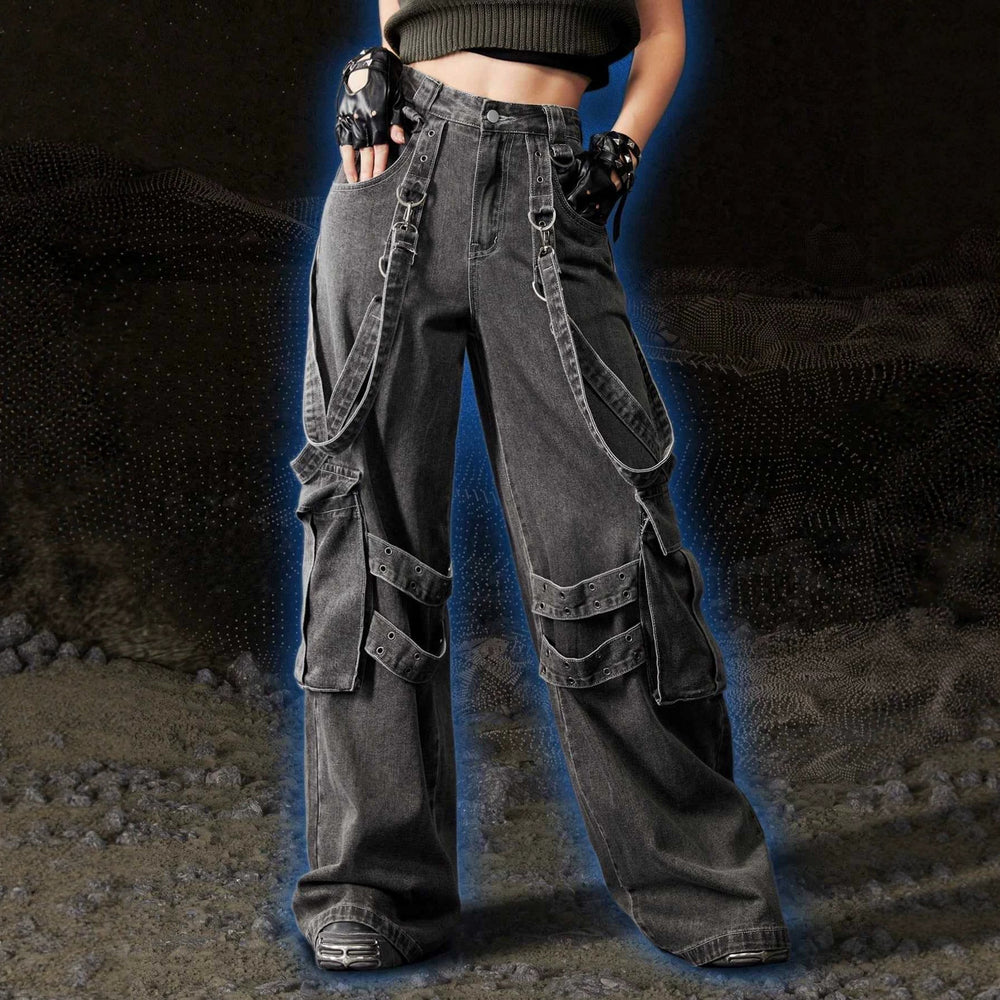 Amazon tiktok pinduoduo foreign trade cross-border fashion gothic style straps multi-pocket distressed gray workwear wide legs