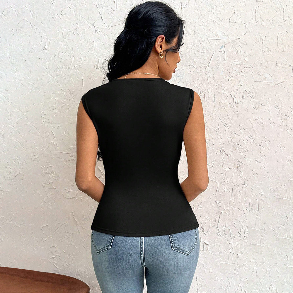 Amazon cross-border women's fashion: european and american elegant style t-shirt,  spring/summer new arrival, asymmetrical neck, slim-fit cropped solid color top