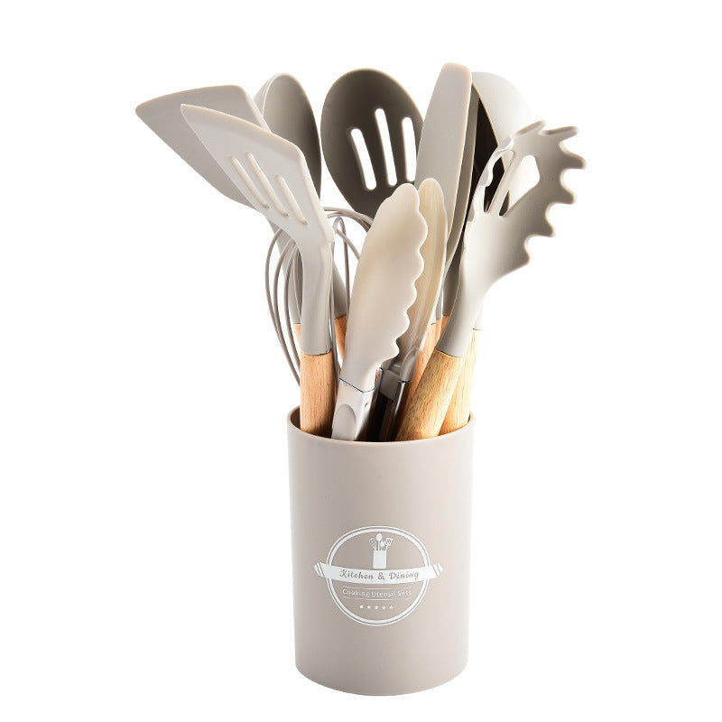 Cross-border twelve-piece set of colored wooden handle silicone kitchenware set to store food-grade high temperature resistant spatula spoons in stock