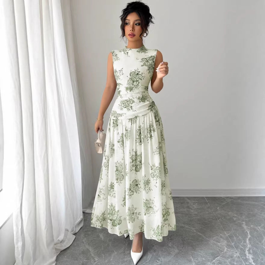 european and american cross-border new arrival: elegant round neck sleeveless maxi dress - trendy vacation style with floral print and cinched waist