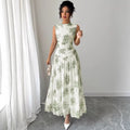 european and american cross-border new arrival: elegant round neck sleeveless maxi dress - trendy vacation style with floral print and cinched waist