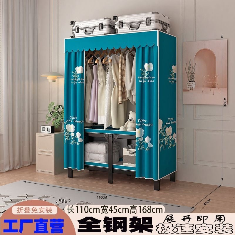 Foldable wardrobe - no assembly required, easy home use, bedroom steel frame, reinforced steel pipes, thickened, durable clothes rack for rental properties