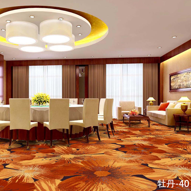 Custom carpets for hotel banquet halls, corridors, and aisles - fire-retardant, full-spread nylon printed carpets for restaurants and dining rooms