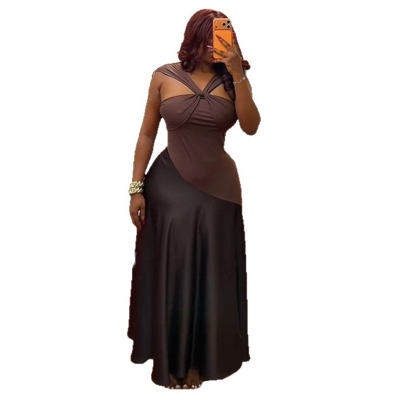 European and american women's clothing  autumn new sweet and fresh bandeau high-waisted slimming color block a-line maxi dress